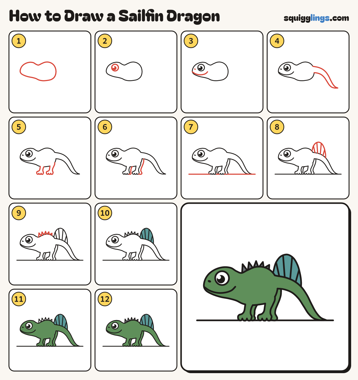 How to Draw a Sailfin Dragon step by step: all 12 steps in one picture