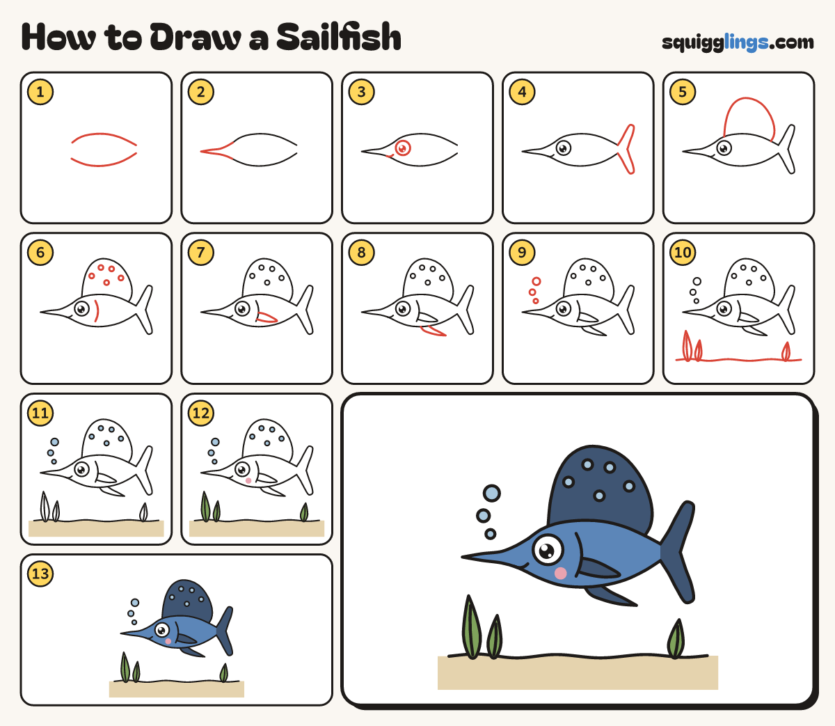 How to Draw a Sailfish step by step: all 13 steps in one picture