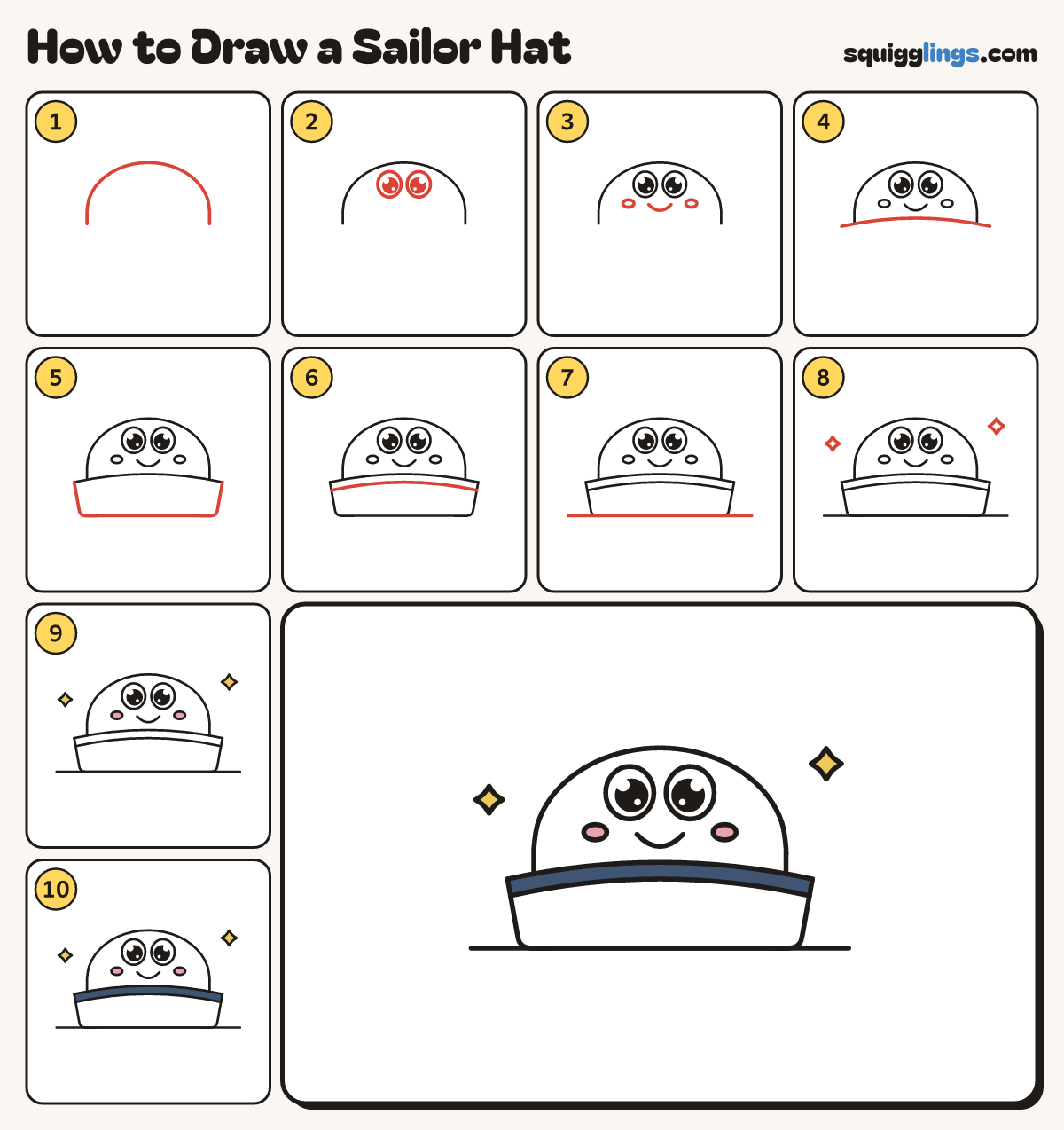 How to Draw a Sailor Hat step by step: all 10 steps in one picture