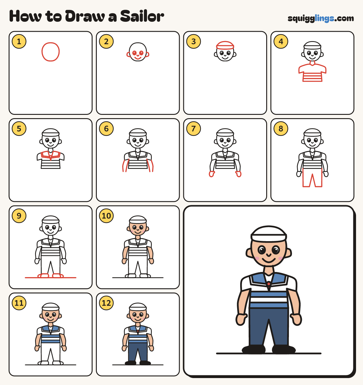 How to Draw a Sailor step by step: all 12 steps in one picture