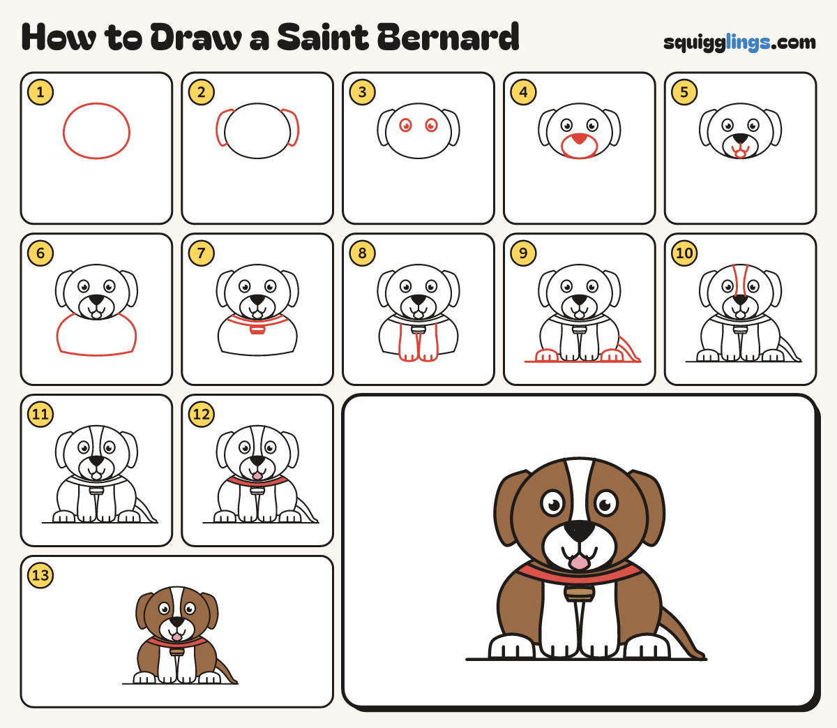 How to Draw a Saint Bernard step by step: all 13 steps in one picture