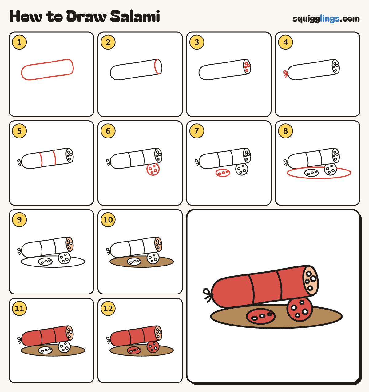 How to Draw Salami step by step: all 12 steps in one picture