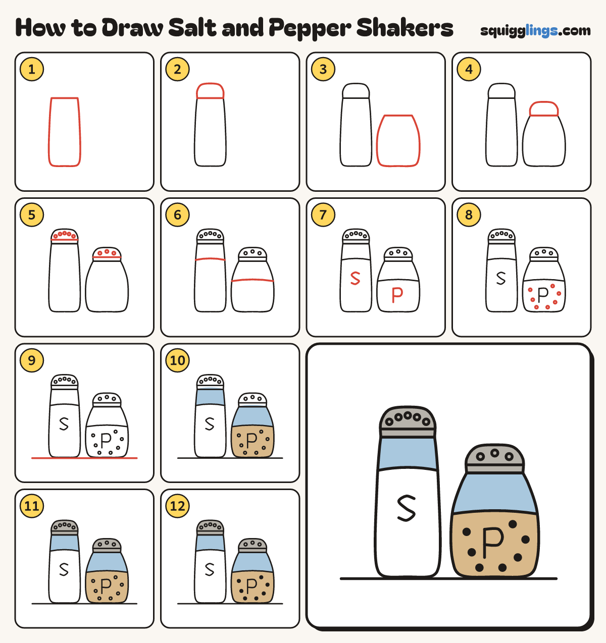 How to Draw Salt and Pepper Shakers step by step: all 12 steps in one picture