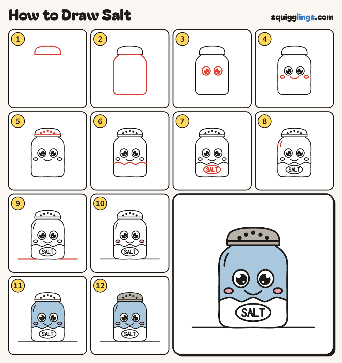How to Draw Salt step by step: all 12 steps in one picture