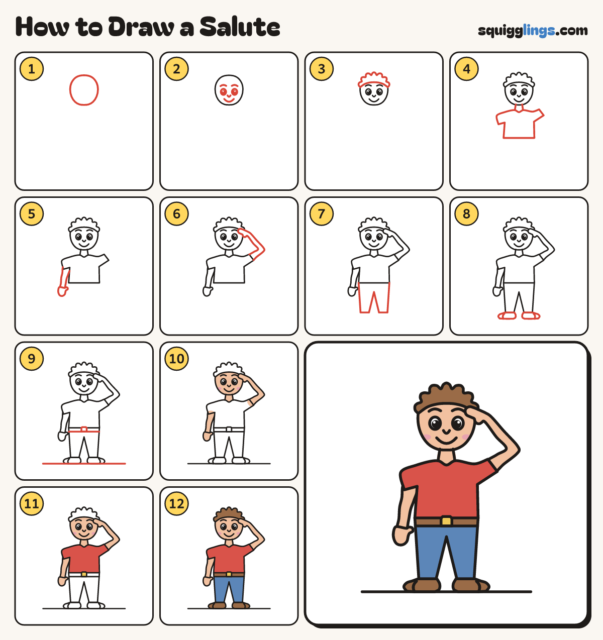 How to Draw a Salute step by step: all 12 steps in one picture