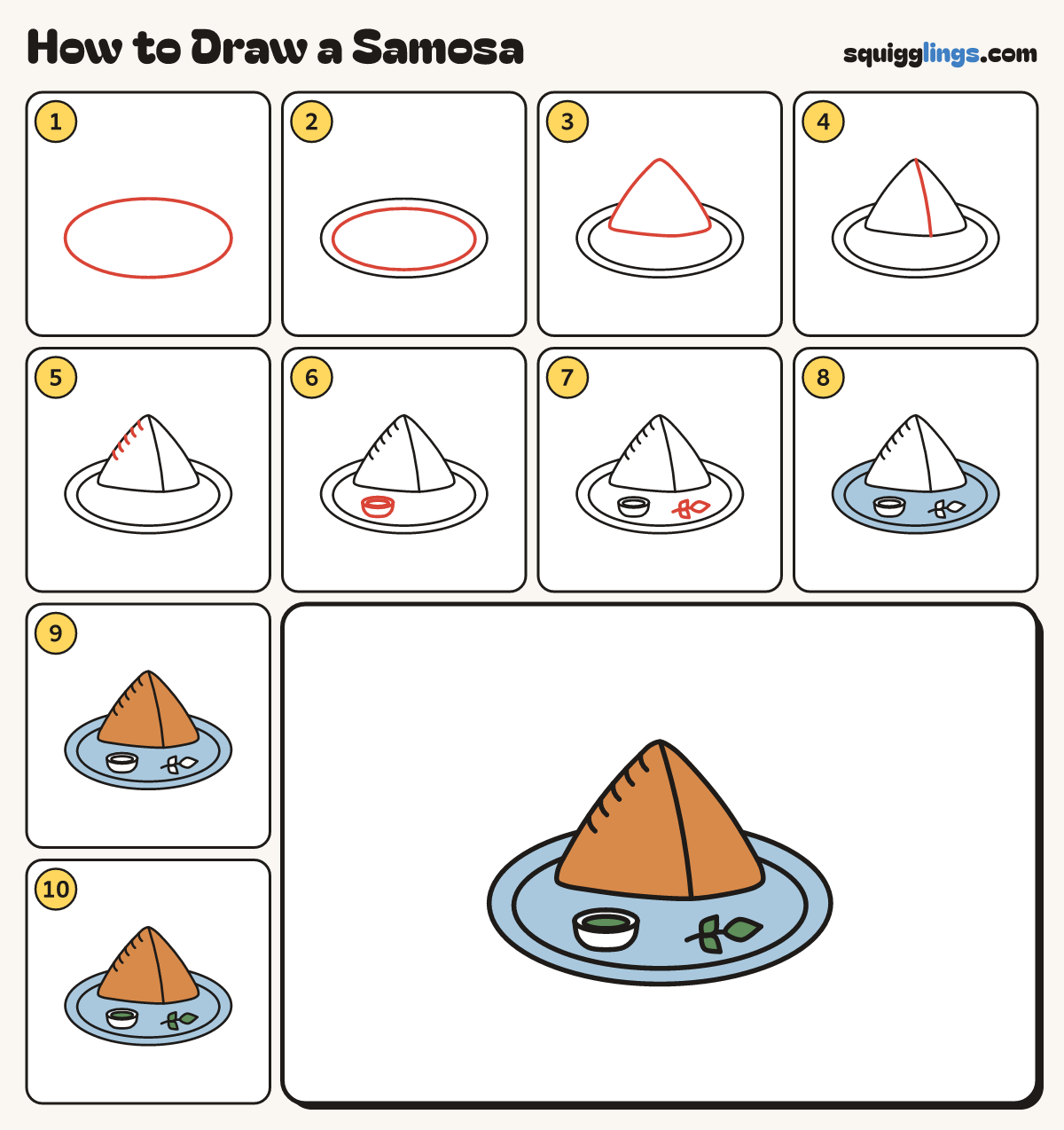 How to Draw a Samosa step by step: all 10 steps in one picture