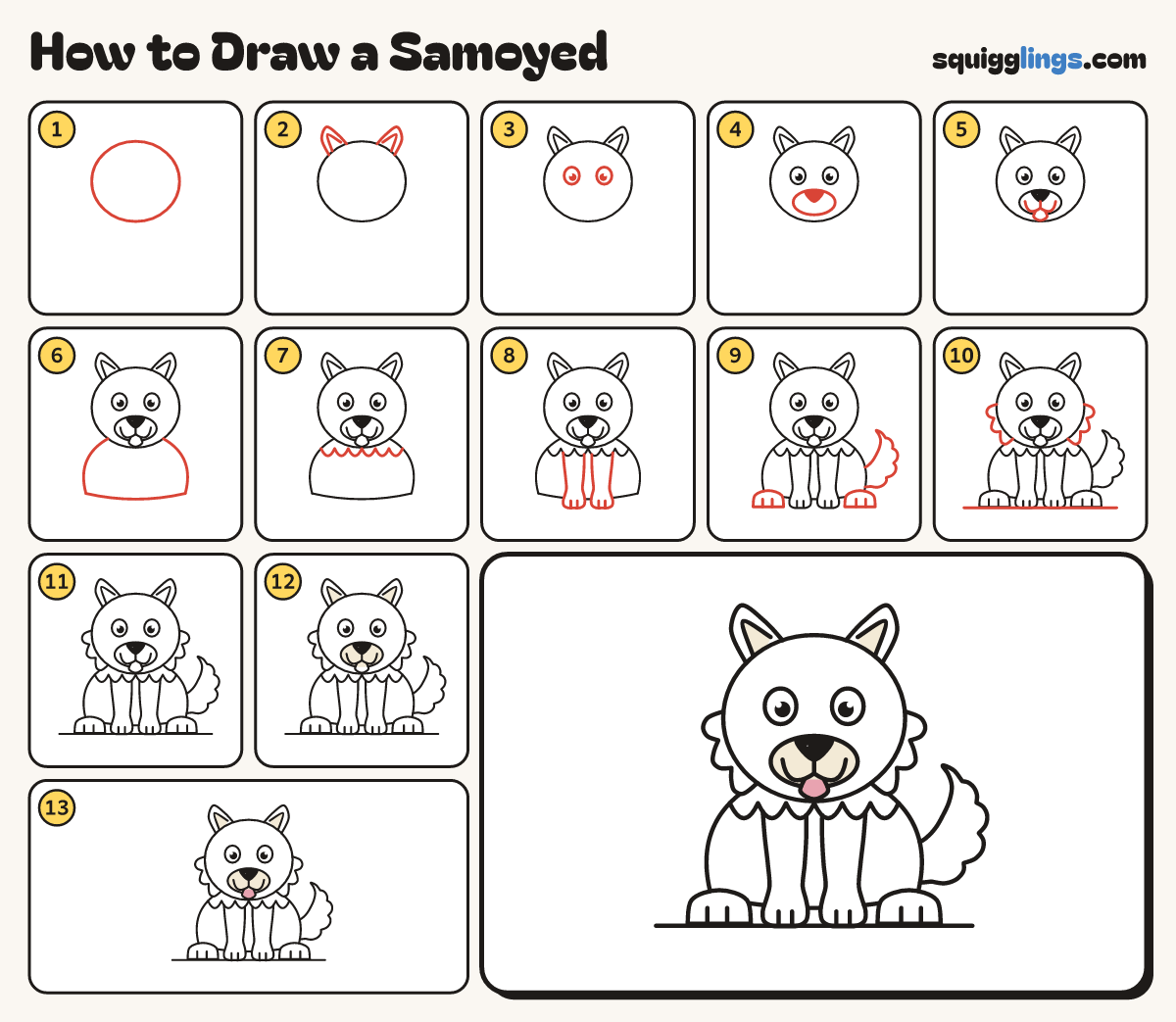 How to Draw a Samoyed step by step: all 13 steps in one picture