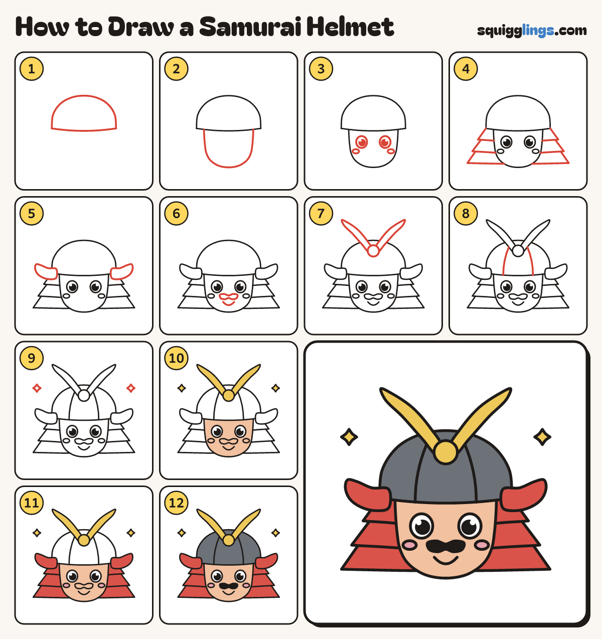 How to Draw a Samurai Helmet step by step: all 12 steps in one picture