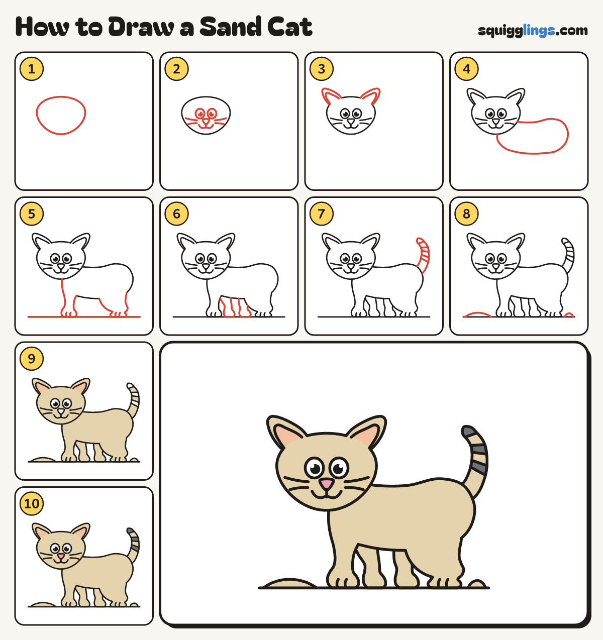 How to Draw a Sand Cat step by step: all 10 steps in one picture