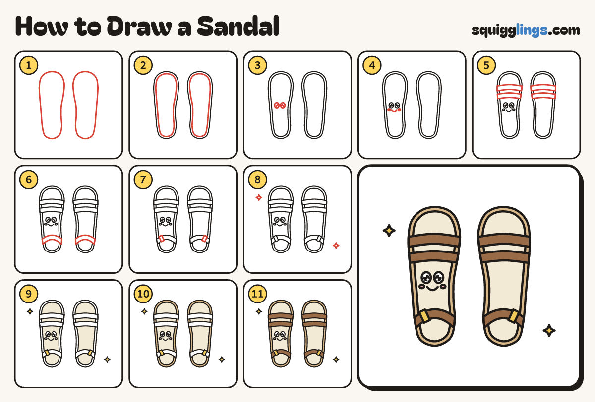 How to Draw a Sandal step by step: all 11 steps in one picture