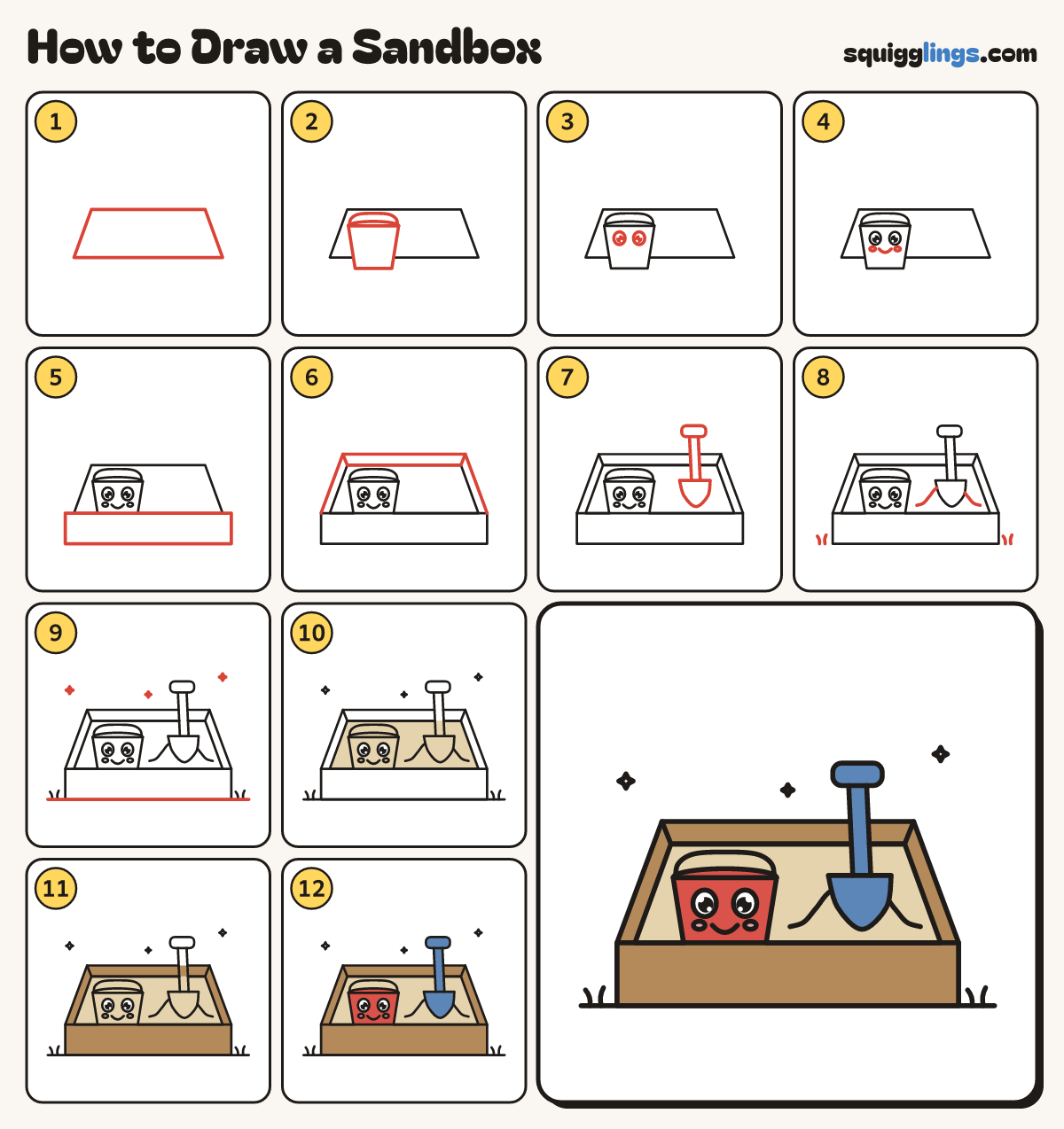 How to Draw a Sandbox step by step: all 12 steps in one picture