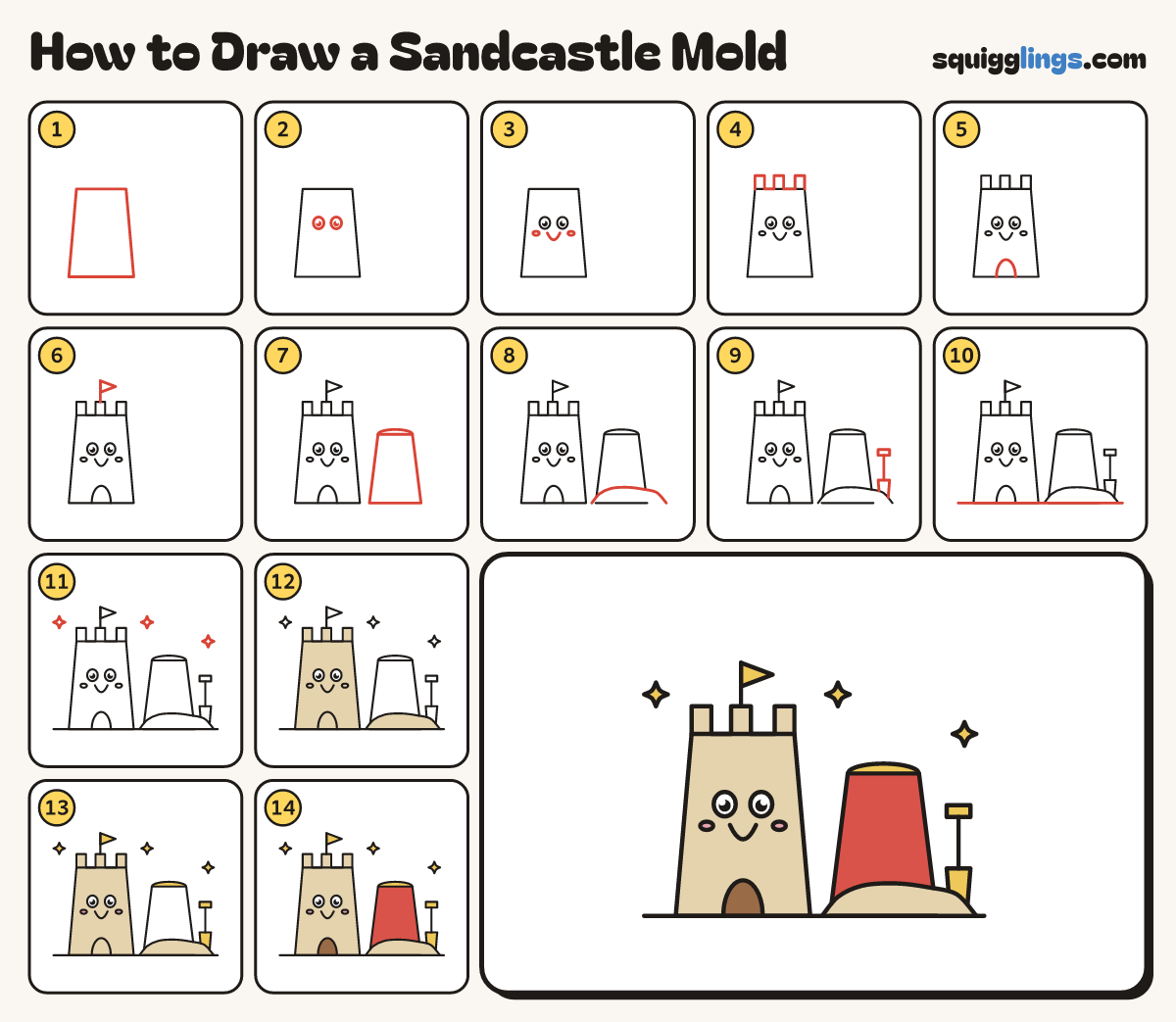How to Draw a Sandcastle Mold step by step: all 14 steps in one picture