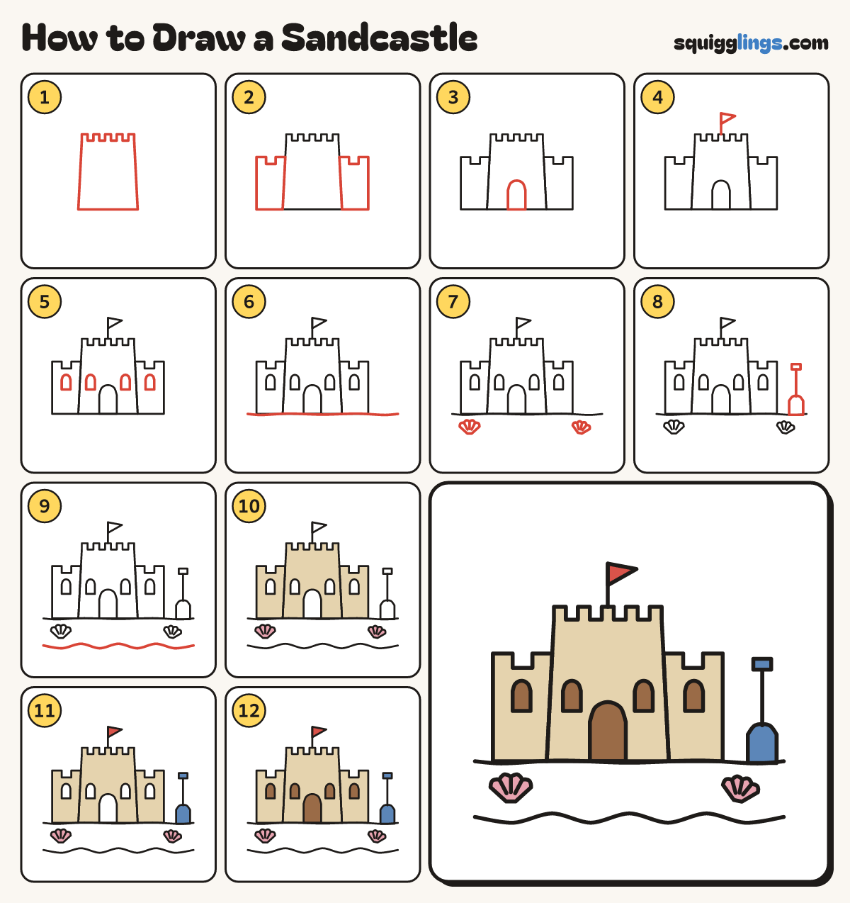 How to Draw a Sandcastle step by step: all 12 steps in one picture
