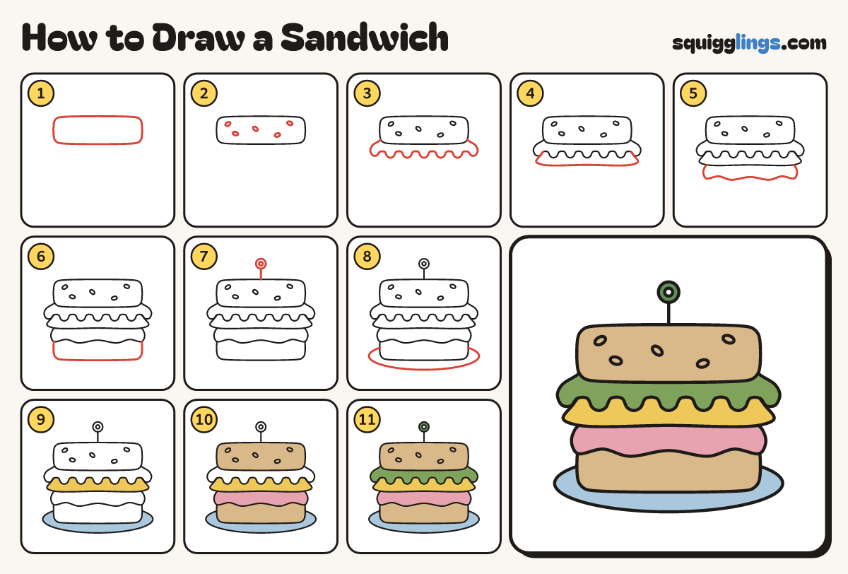 How to Draw a Sandwich step by step: all 11 steps in one picture
