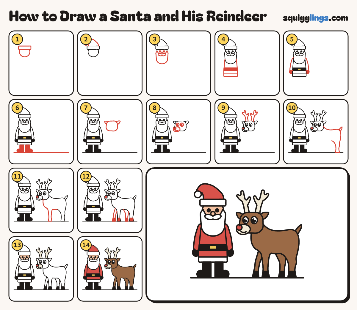 How to Draw a Santa and His Reindeer step by step: all 14 steps in one picture
