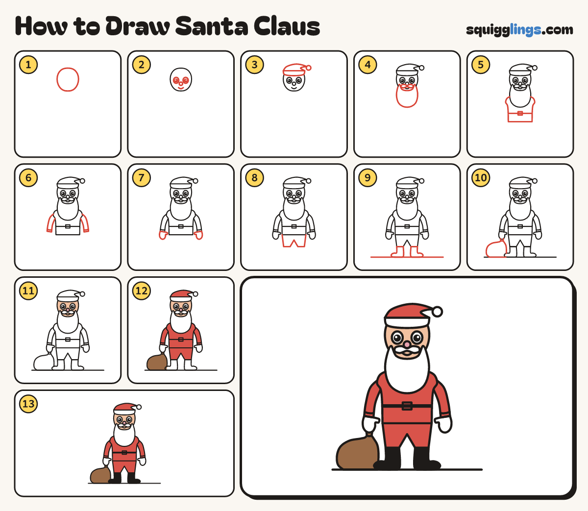 How to Draw Santa Claus step by step: all 13 steps in one picture
