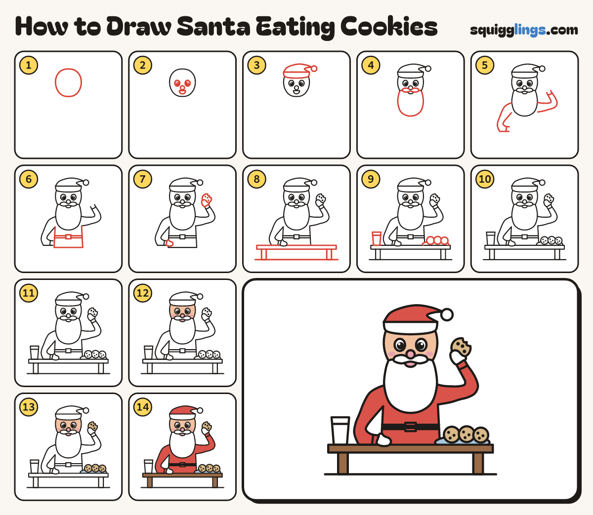 How to Draw Santa Eating Cookies step by step: all 14 steps in one picture