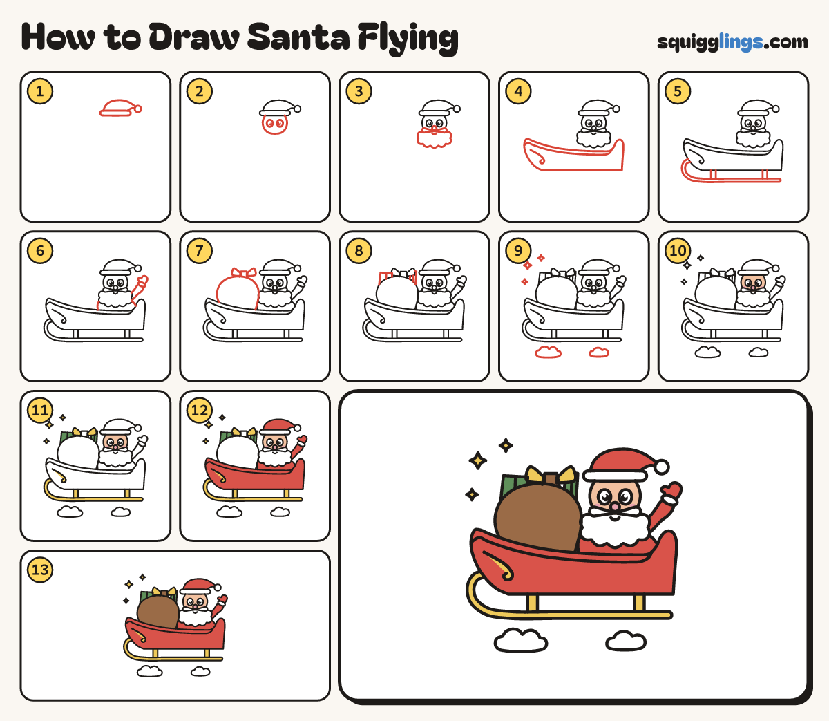How to Draw Santa Flying step by step: all 13 steps in one picture