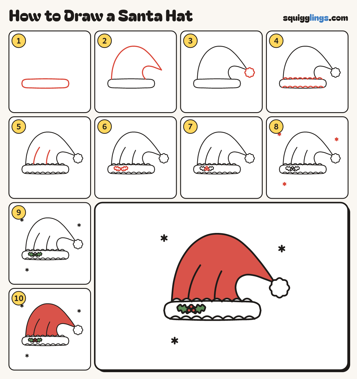 How to Draw a Santa Hat step by step: all 10 steps in one picture