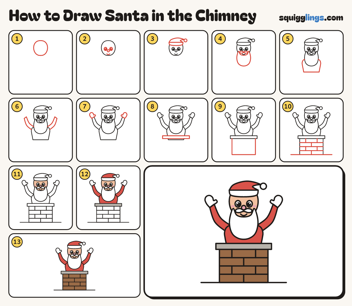 How to Draw Santa in the Chimney step by step: all 13 steps in one picture