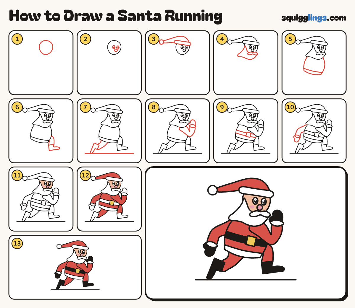How to Draw a Santa Running step by step: all 13 steps in one picture