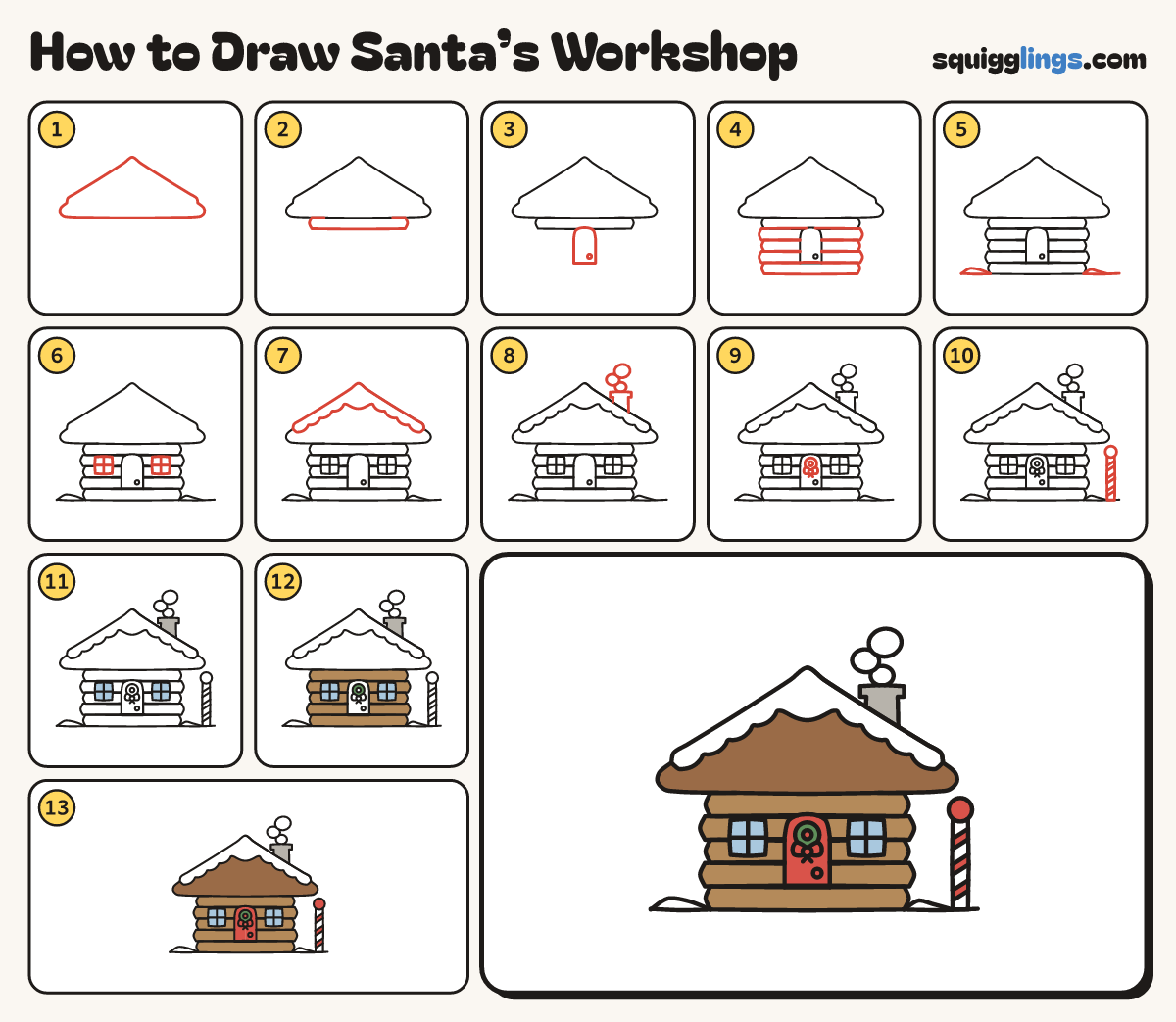 How to Draw Santa’s Workshop step by step: all 13 steps in one picture