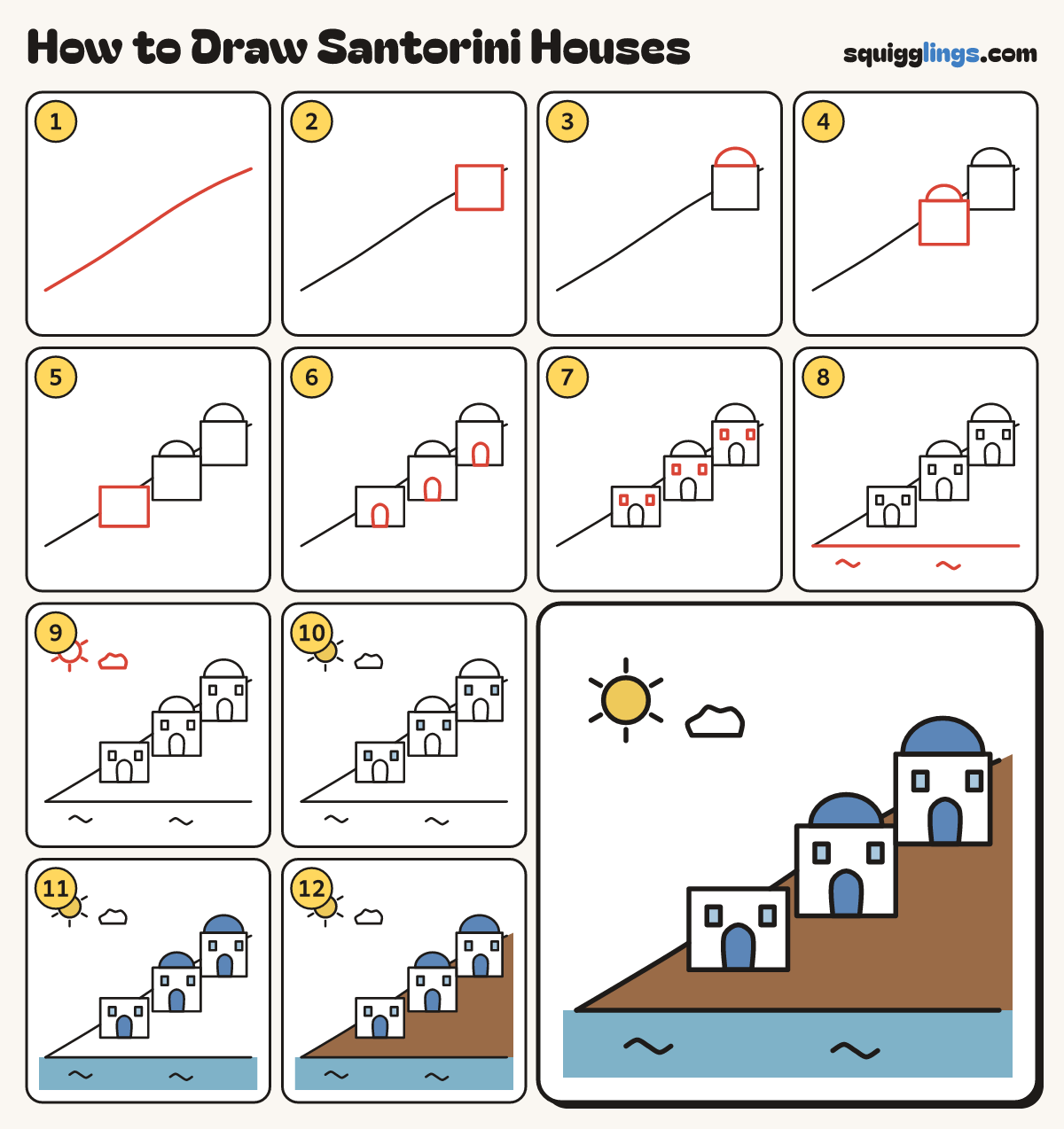 How to Draw Santorini Houses step by step: all 12 steps in one picture