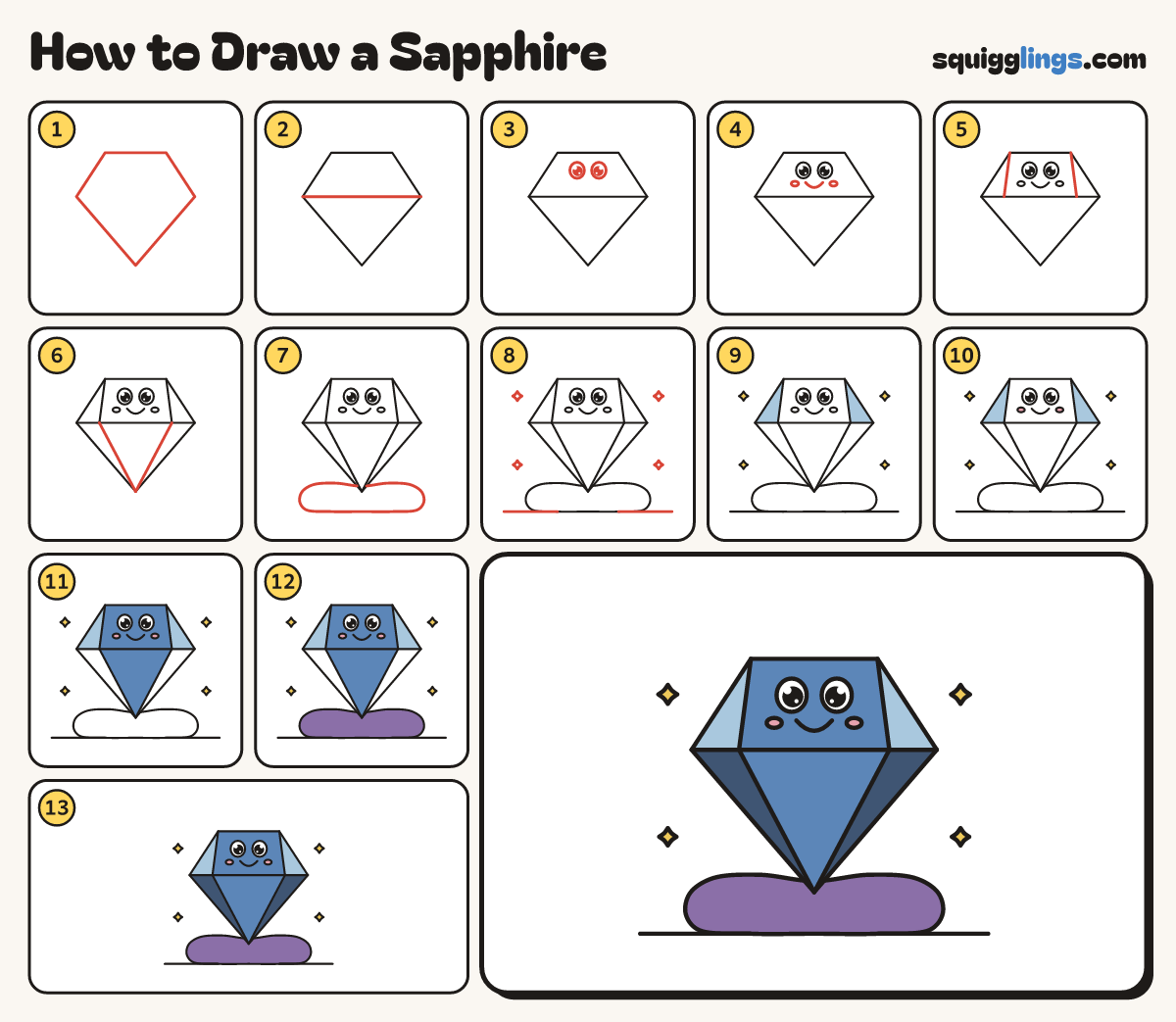 How to Draw a Sapphire step by step: all 13 steps in one picture