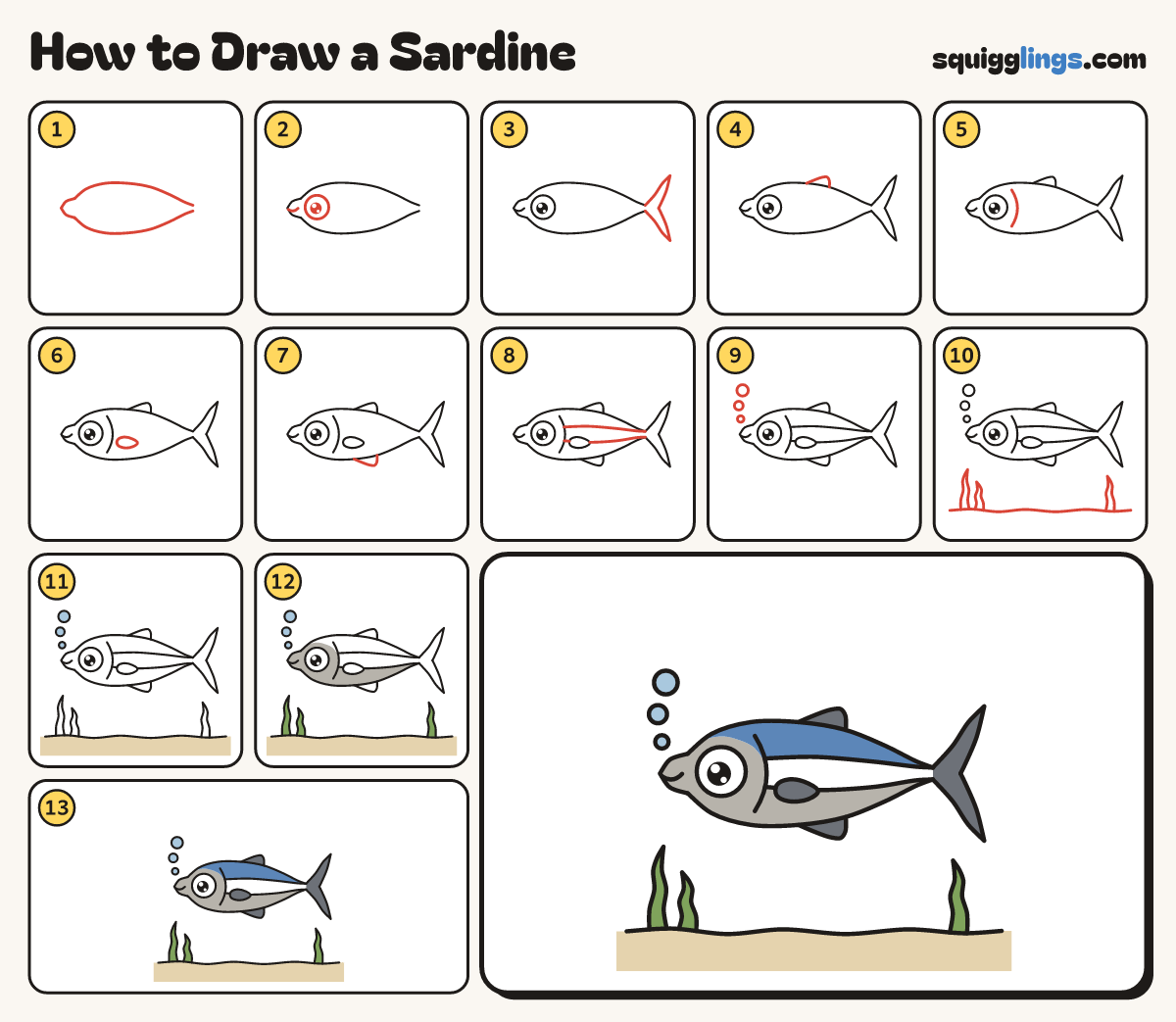 How to Draw a Sardine step by step: all 13 steps in one picture