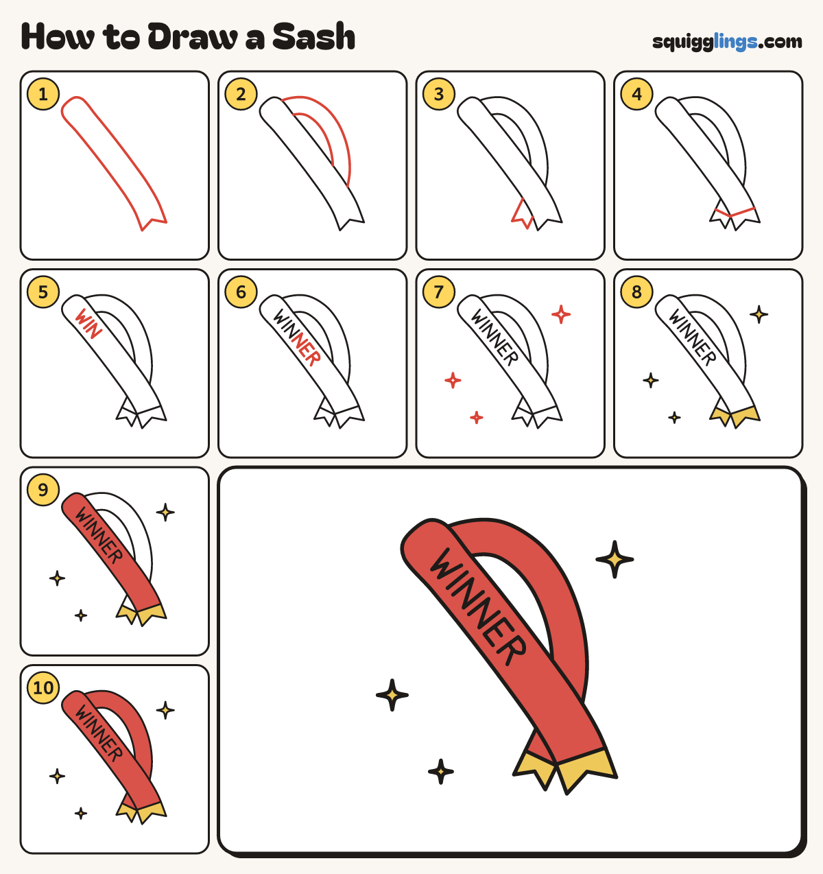 How to Draw a Sash step by step: all 10 steps in one picture