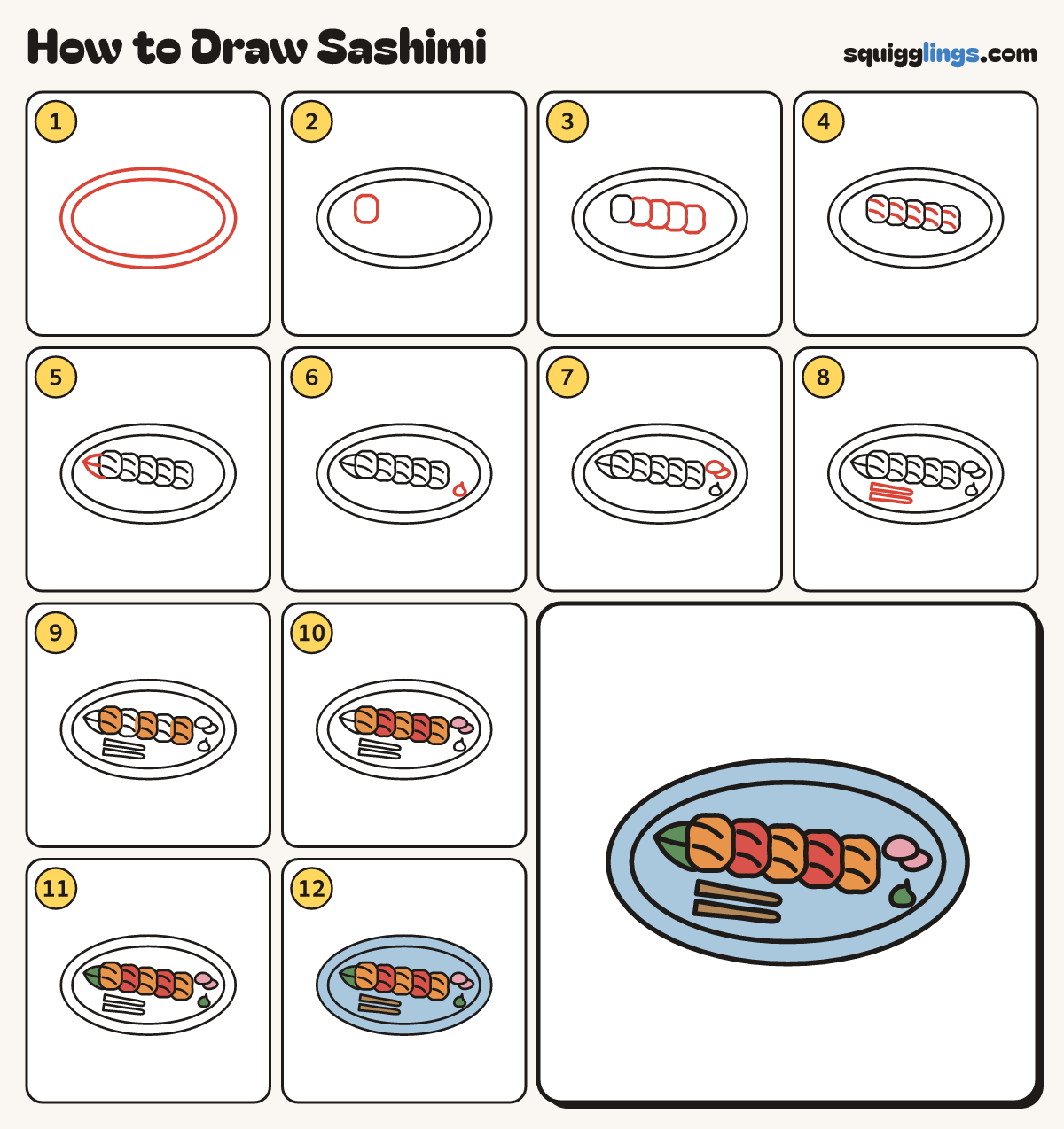 How to Draw Sashimi step by step: all 12 steps in one picture