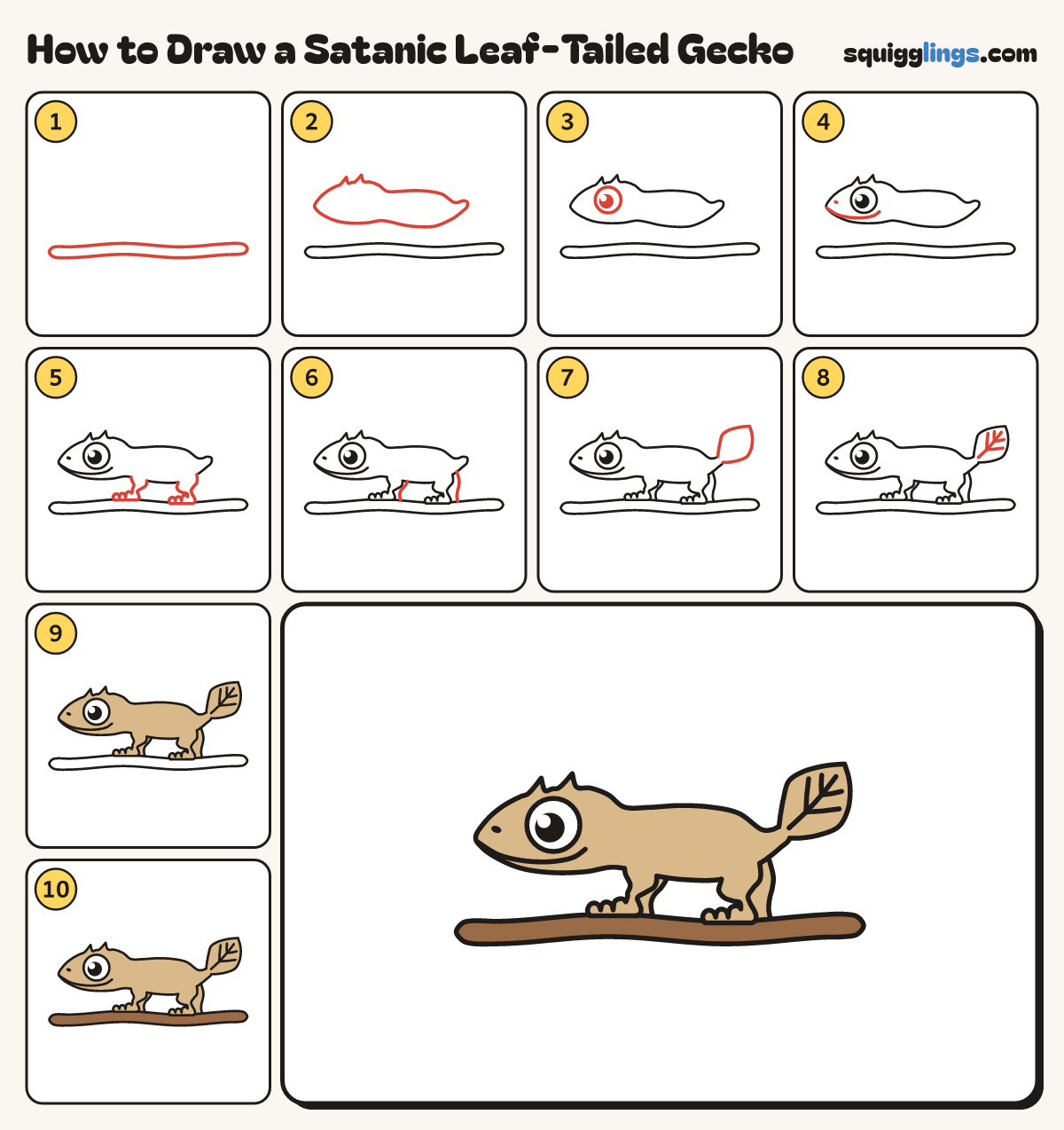 How to Draw a Satanic Leaf-Tailed Gecko step by step: all 10 steps in one picture