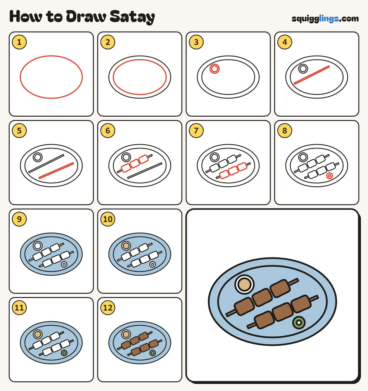 How to Draw Satay step by step: all 12 steps in one picture