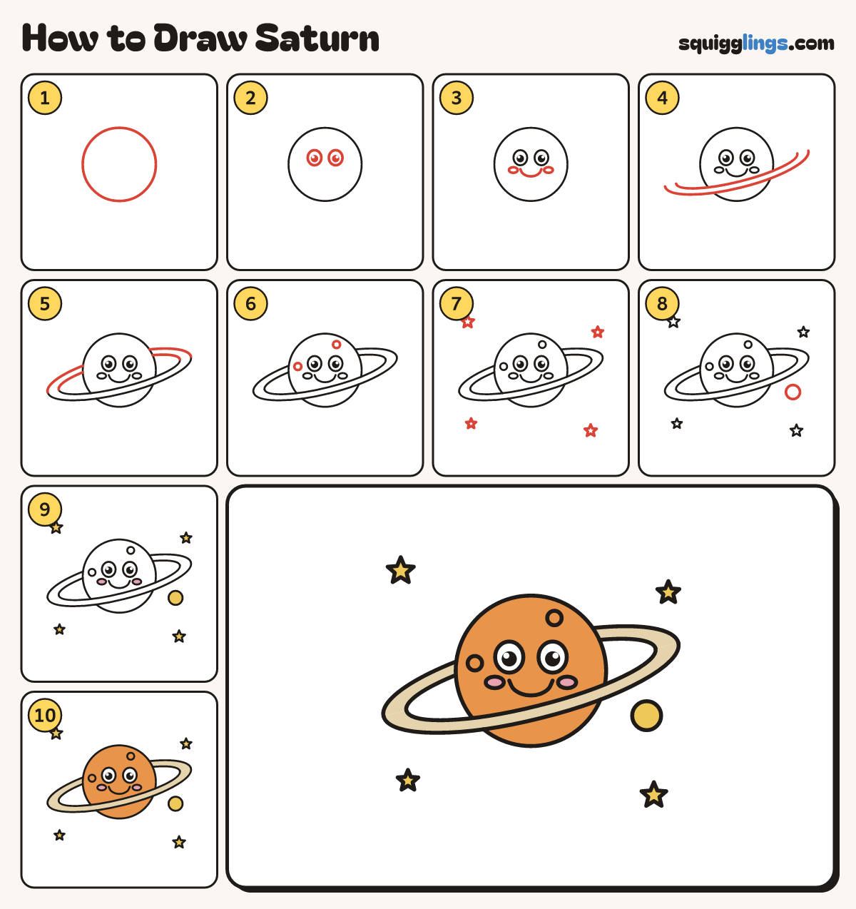 How to Draw Saturn step by step: all 10 steps in one picture
