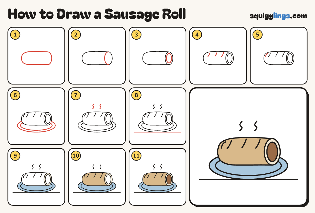 How to Draw a Sausage Roll step by step: all 11 steps in one picture