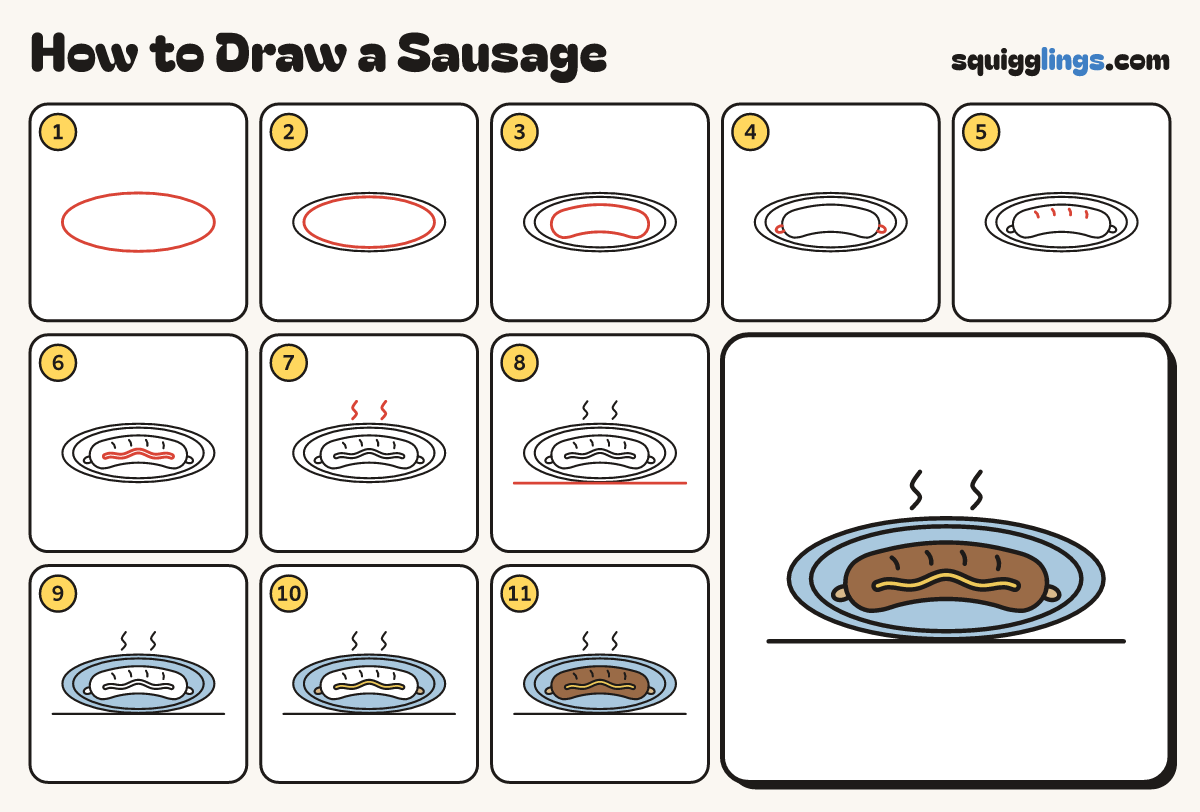 How to Draw a Sausage step by step: all 11 steps in one picture