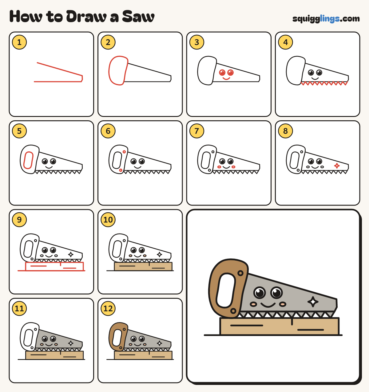 How to Draw a Saw step by step: all 12 steps in one picture