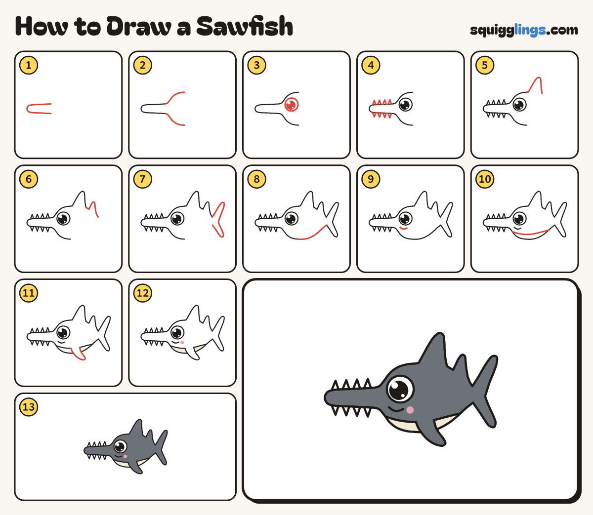 How to Draw a Sawfish step by step: all 13 steps in one picture