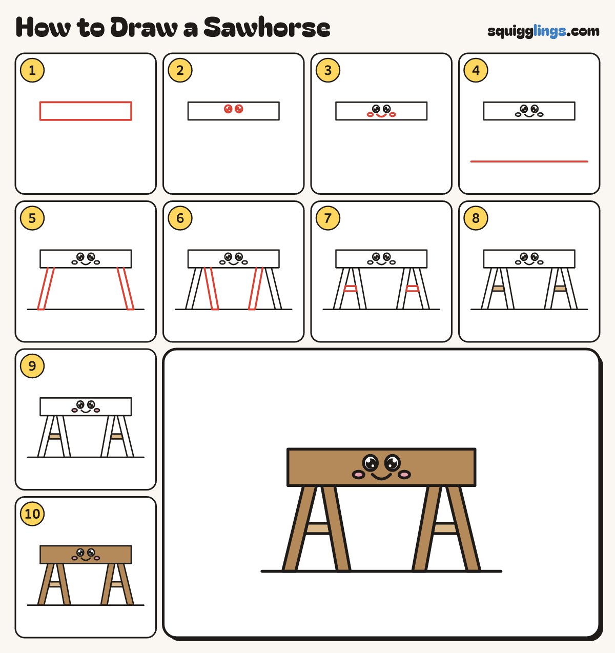 How to Draw a Sawhorse step by step: all 10 steps in one picture