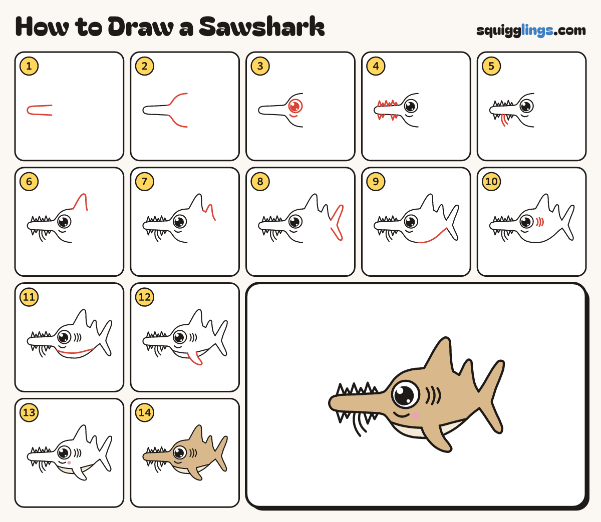 How to Draw a Sawshark step by step: all 14 steps in one picture