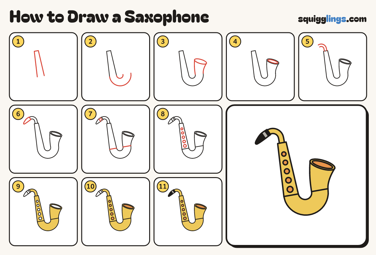 How to Draw a Saxophone step by step: all 11 steps in one picture