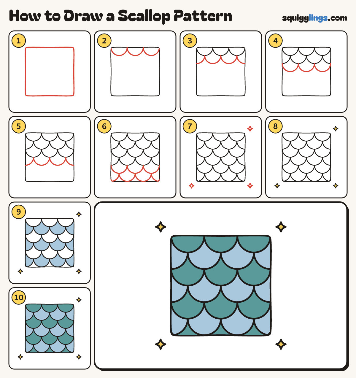 How to Draw a Scallop Pattern step by step: all 10 steps in one picture
