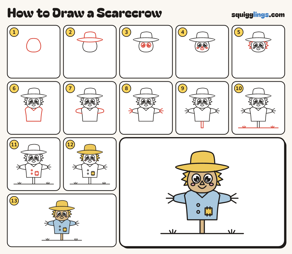 How to Draw a Scarecrow step by step: all 13 steps in one picture