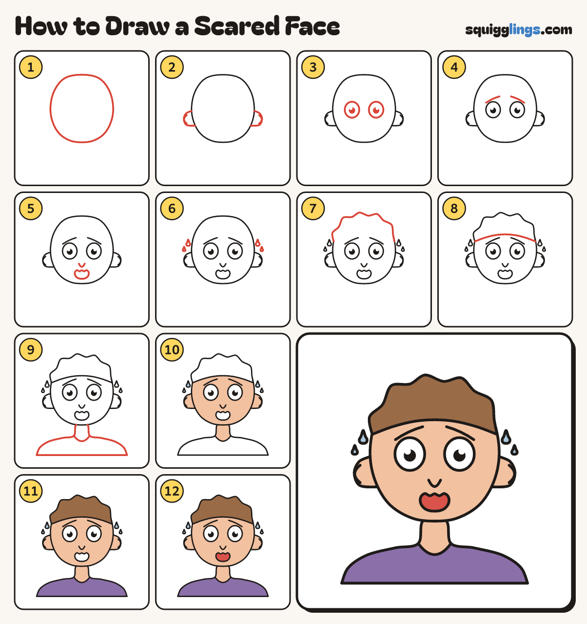 How to Draw a Scared Face step by step: all 12 steps in one picture