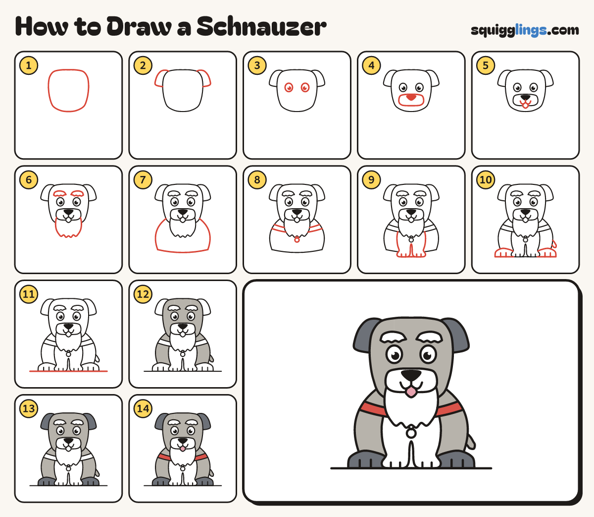 How to Draw a Schnauzer step by step: all 14 steps in one picture