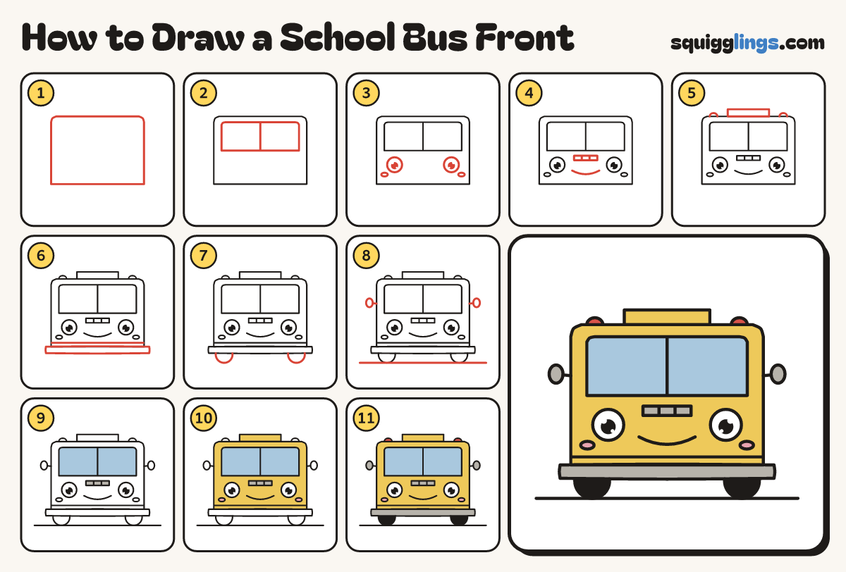 How to Draw a School Bus Front step by step: all 11 steps in one picture