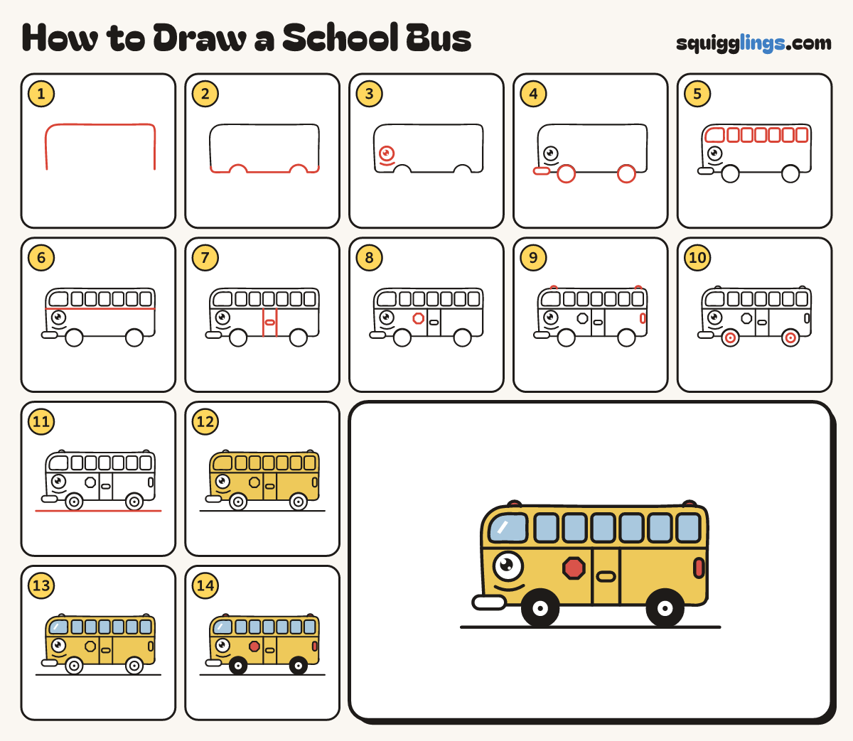 How to Draw a School Bus step by step: all 14 steps in one picture