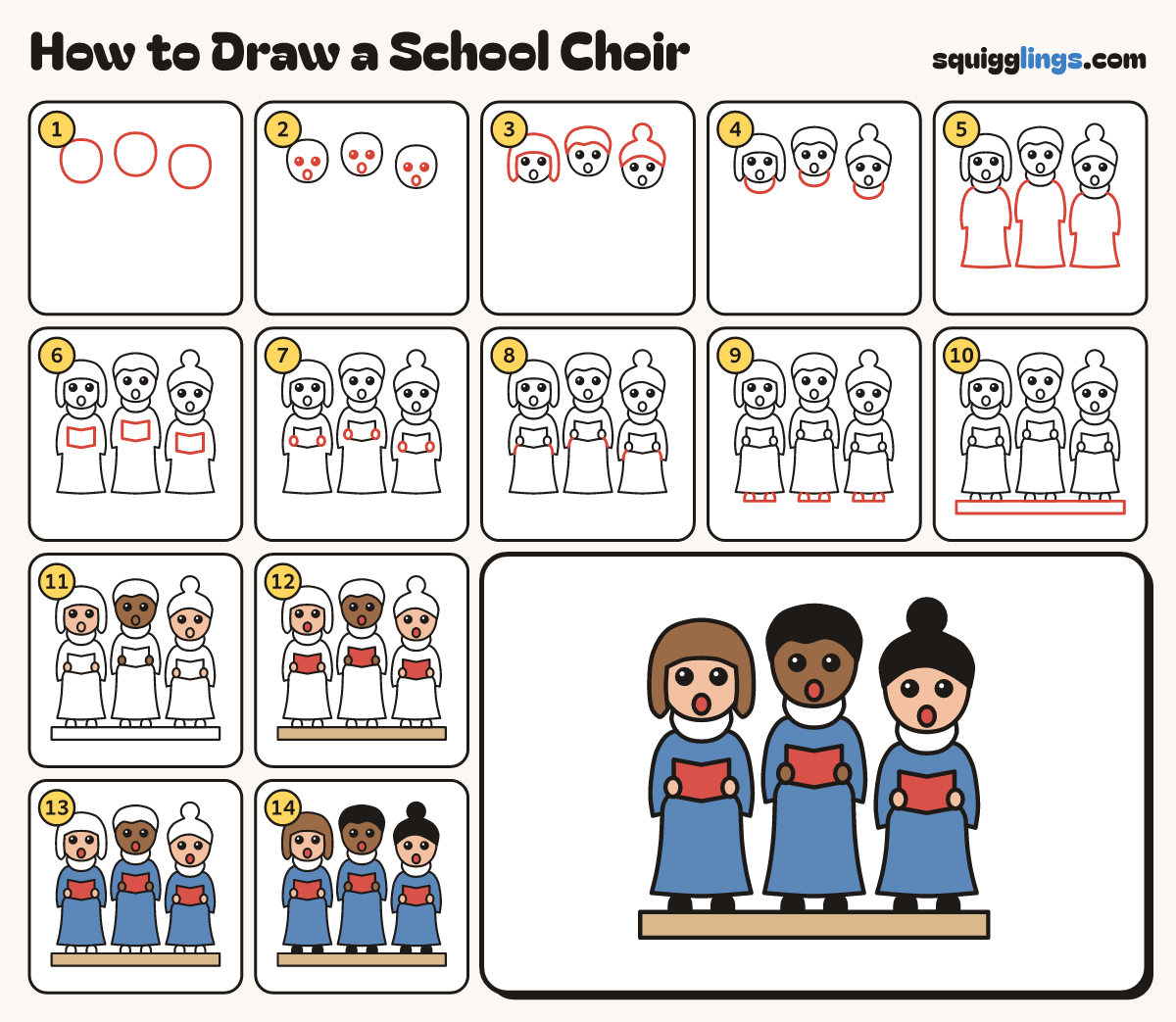 How to Draw a School Choir step by step: all 14 steps in one picture