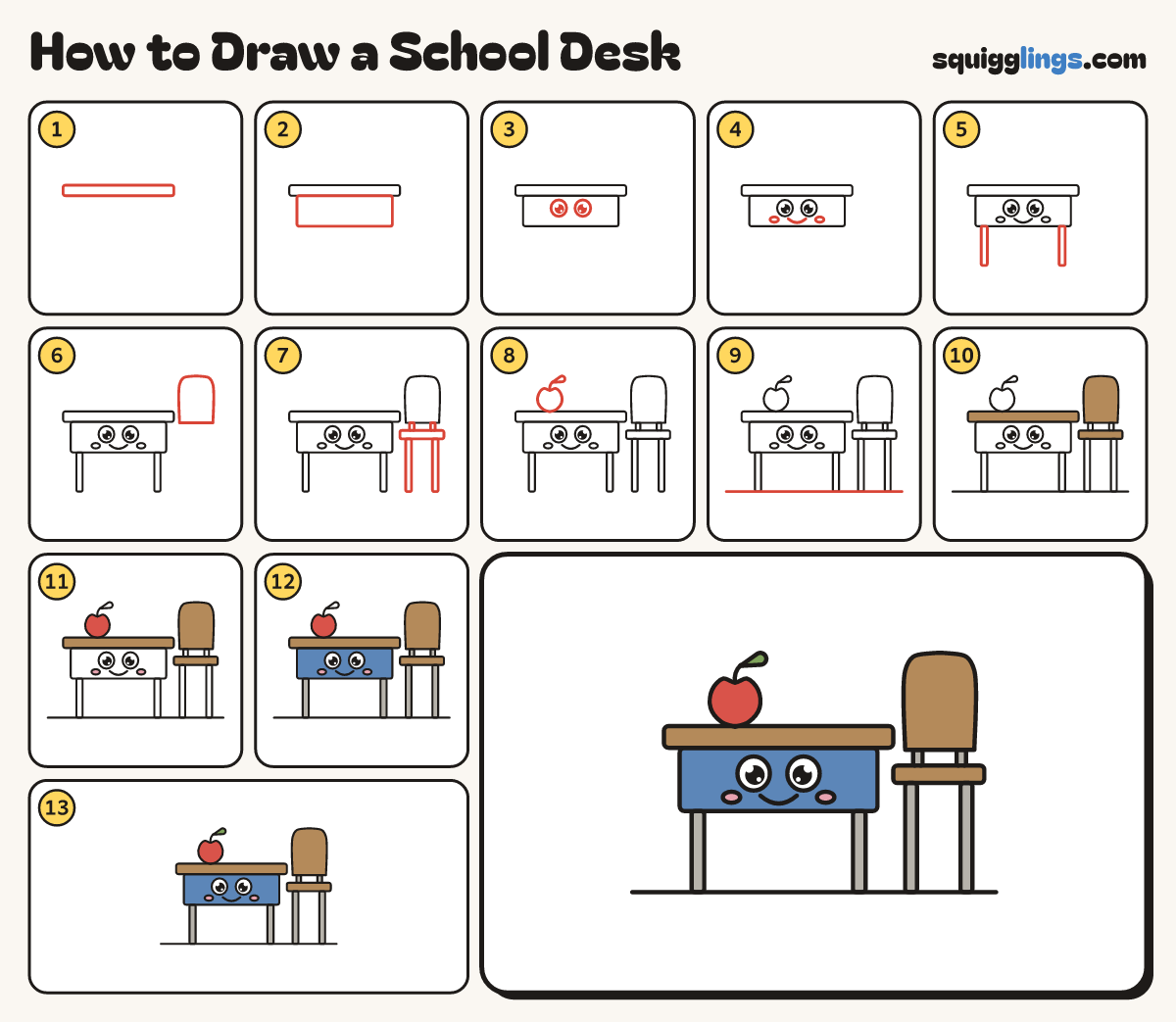 How to Draw a School Desk step by step: all 13 steps in one picture