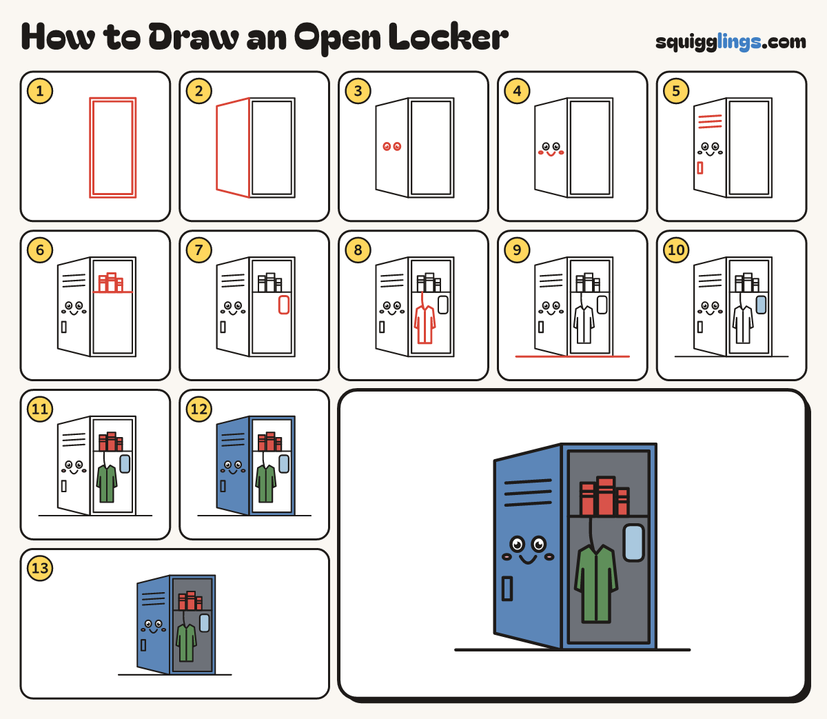 How to Draw an Open Locker step by step: all 13 steps in one picture